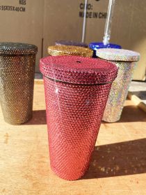 Color: Pink - Diamond-Studded Vacuum Flask, Double Straw Cup, Diamond Drink Cup, Drinking Cup, Fine Gift Cup, Full Of Diamonds In Stock