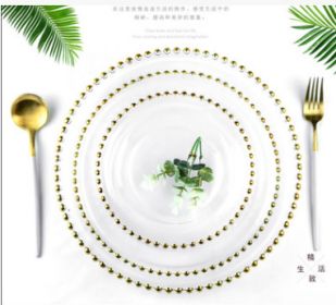Color: Gold, Size: 32CM - Glass Plate Round Gold Rim Bead Cushion Plate Dinner Plate