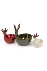 SET OF THREE CERAMIC DEER BOWLS-ONE EACH COLOR