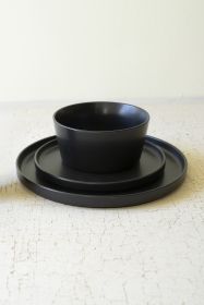 SET OF THREE BLACK CERAMIC DINNER PLATE, SALAD PLATE, BOWL