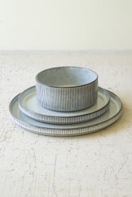SET 3 RIBBED LIGHT GREY CERAMIC DINNER PLATE, SALAD PLATE, BOWL