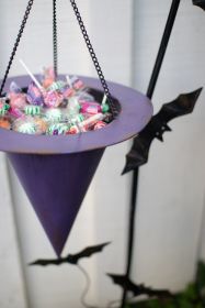 PAINTED METAL HALLOWEEN WITCH HAT WITH BATS CANDY HOLDER