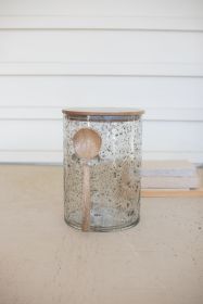 GLASS CANISTER WITH WOOD TOP AND SPOON - 10" TALL