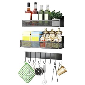3 Pack Strong Magnetic Spice Rack with 8 Hooks Fridge Oven Microwave Magnetic Storage Shelves Seasoning Holder Organizer for Jars Seasoning Tins Utens (Option: Black)