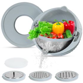 Multifunctional Mixing Bowl with Lid Set 3 Replaceable Graters Food Strainer and Colander Fruit Vegetable Washing Basket Stainless Steel (Option: ColanderBlue)