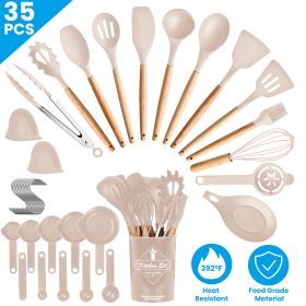 35Pcs Kitchen Cooking Utensils Set Spatula Set Baking Utensil Set Kitchen Accessories Necessities with Holder Egg Whisk Separator Tong Turner Spoons C (Option: Khaki)
