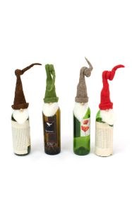 SET OF FOUR FELT SANTA WINE TOPPERS WITH CURLY HATS (Color: Multi, Material: Felt)